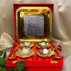 Gold-Plated Bowl Set of 9 with Spoons & Tray in Velvet Box