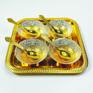 Gold-Plated Bowl Set of 9 with Spoons & Tray in Velvet Box