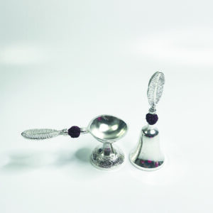 Silver Bell and Diya Set with Decorative Feather Handle in Wooden Gift Box, Traditional Pooja Accessories
