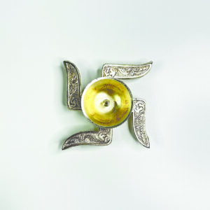 Swastik Diya, Silver-Plated Oil Lamp with Decorative Stand, Red Gift Box